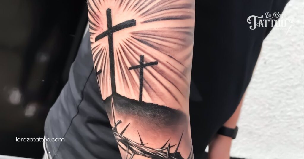Discover the Meaning and Beauty of Three Crosses on a Hill Tattoos: A Symbol of Faith and Resilience 2 Exploring Symbolism of Three Crosses on a Hill Tattoos